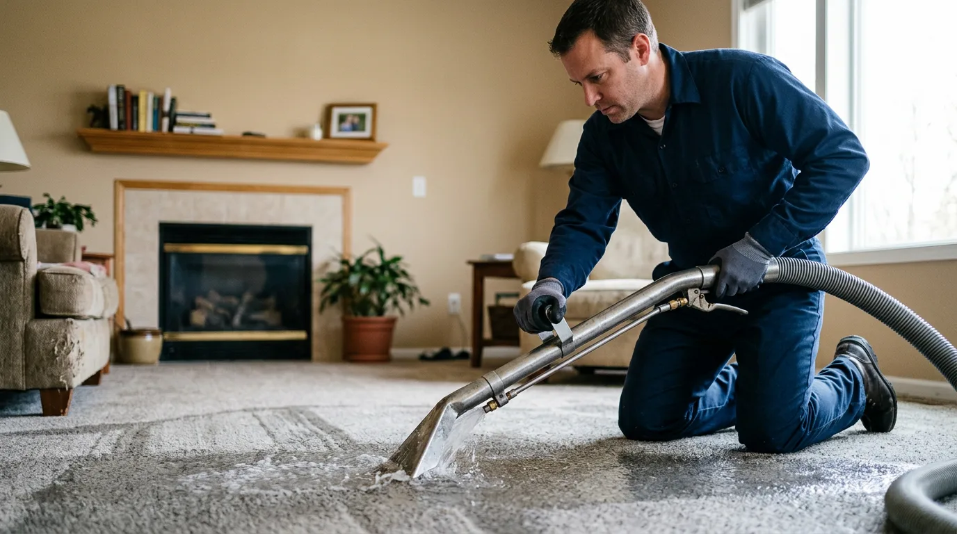 Water damage restoration technician working near Kent, IL